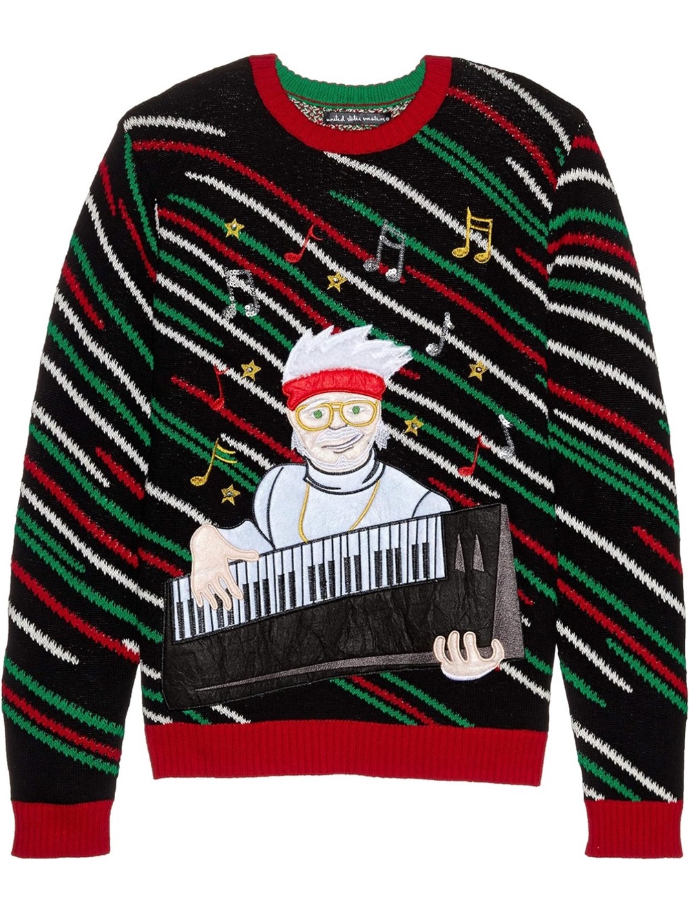 Buzzard Bay Men's Black Red Green Ugly Xmas Sweater with lights (NWOT)